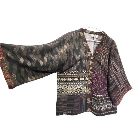 Sacred Threads Patchwork Button Down Sweater Womens Size L Boho Wide Sleeves - Picture 3 of 8